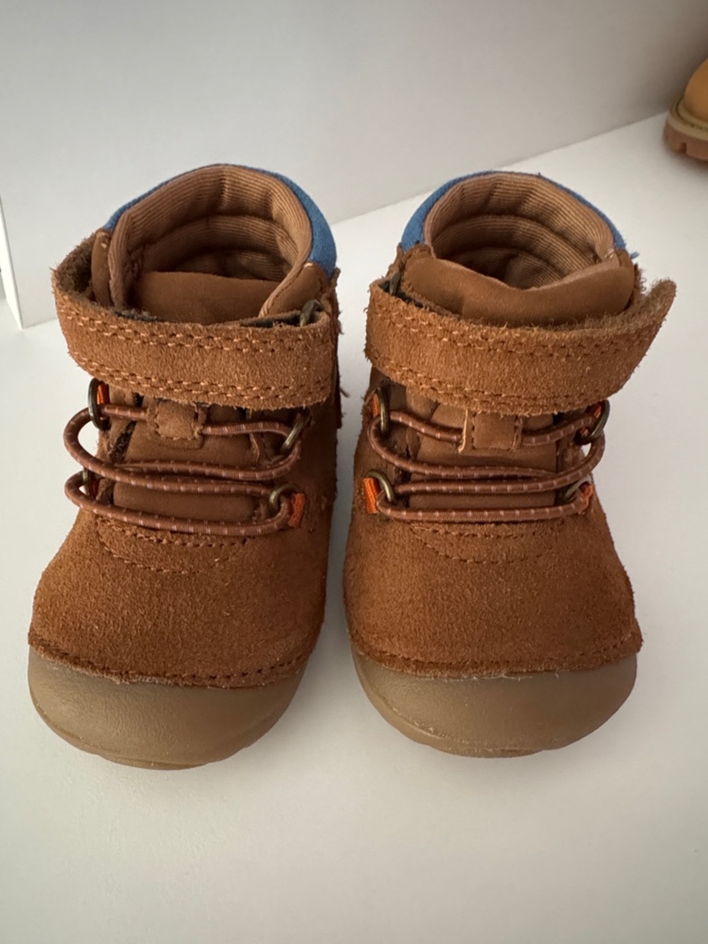 Stride Rite Brown Suede Toddler Boots with Blue Collar